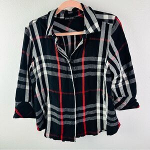 Boho Chic Black White‎ Red Linen Blend 3/4 Sleeve Blouse Size S